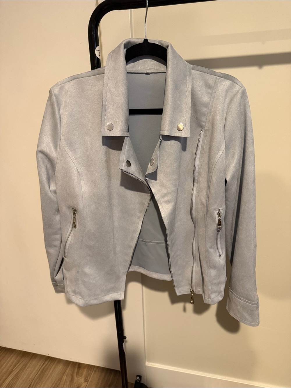Light Gray Women's Moto Jacket - Modern Suede-Inspired Coat